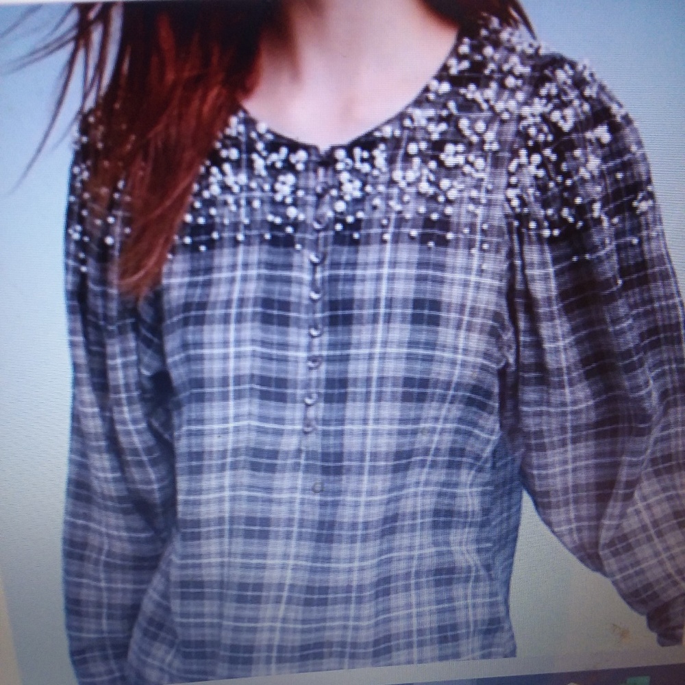 Akemi + Kin Plaid "Pearl" Beaded Flannel Top - NWT